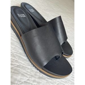 Eileen Fisher Black Leather Sandal Size 9 Kite Slip On Wedge Heel